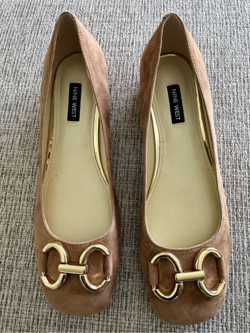 Nine West Tan Suede Flats with Gold Accent Hardware